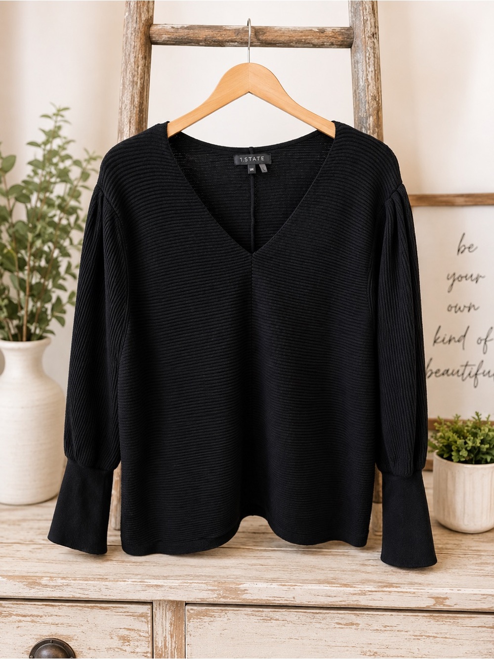1.STATE Black Ribbed Knit V-Neck Sweater Women’s XXL